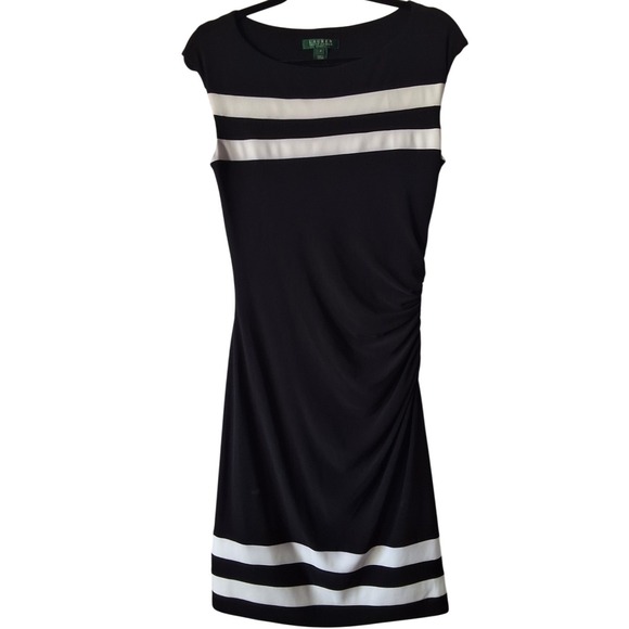 Lauren Ralph Lauren Dresses & Skirts - Lauren Ralph Lauren Size‎ 8 Rouched Side White Stripes Black Formal Casual Dress